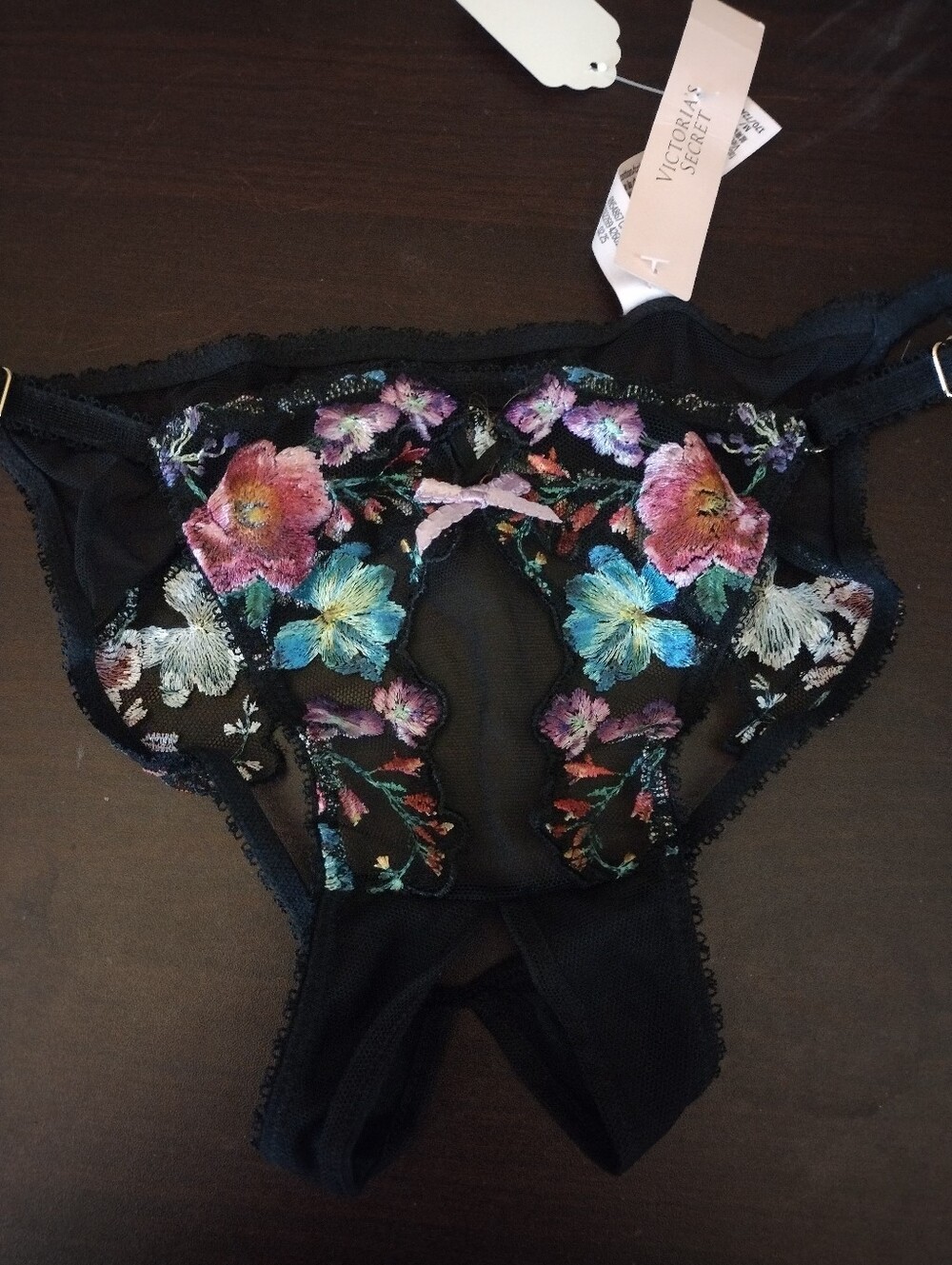NWT Victoria's Secret Very Sexy Black Floral Embroidered Lace Mini String M